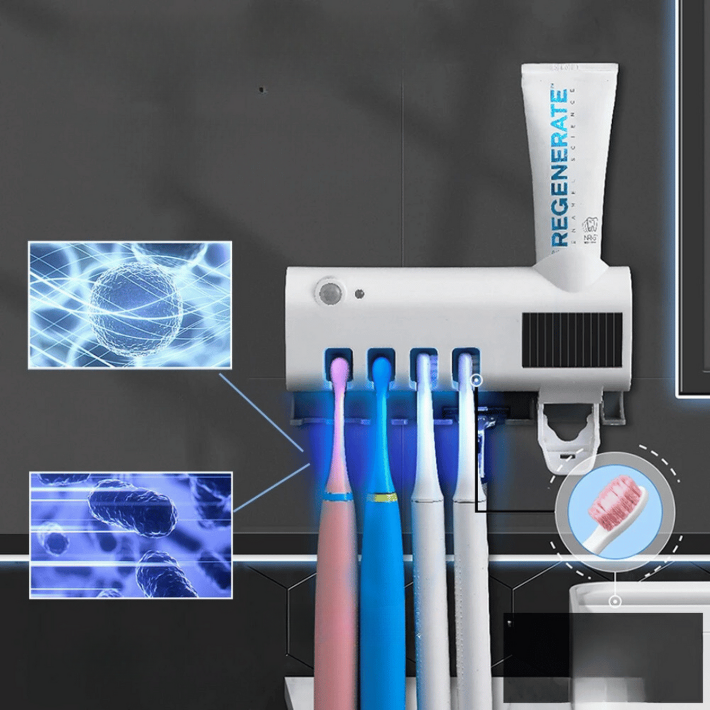 FreshPro® - Esterilizador de Cepillo UV + Dispensador 3 en 1 Antibacteriano