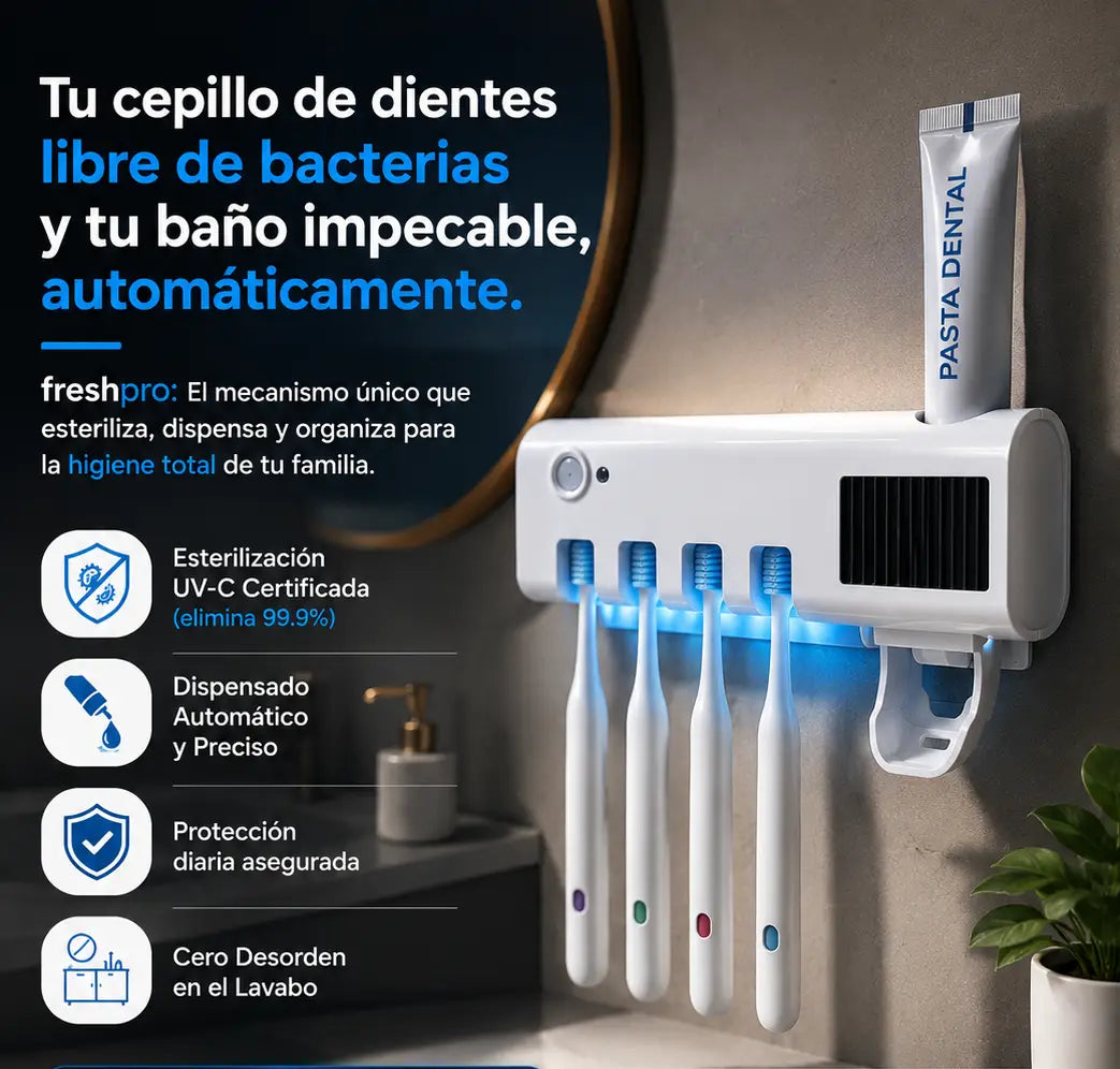 FreshPro® - Esterilizador de Cepillo UV + Dispensador 3 en 1 Antibacteriano